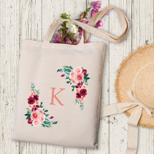 Tote Bag Fleur de rose burgundy rose eau-forte monogramme