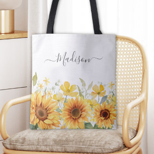 Tote Bag Fleur de tournesol jaune monogramme floral botaniq