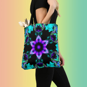 Tote Bag Fleur d'hippie psychédélique violet Turquoise et n