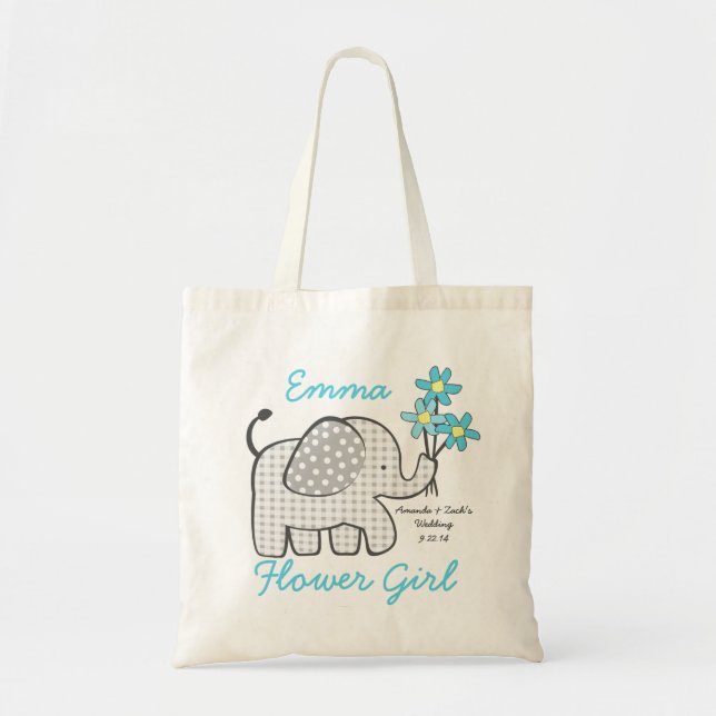 Tote Bag Fleur En vichy Eléphant avec Bouquet Bleu (Devant)