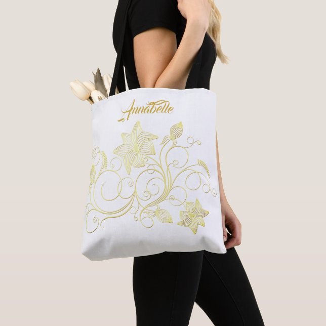 Tote Bag Fleur et lierre en or Monogram sur blanc (De près)
