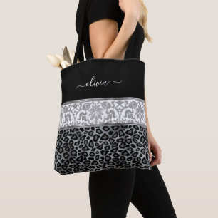 Tote Bag Fleur grise et motif léopard