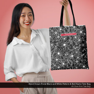 Tote Bag Fleur noire Noir Blanc Motif & Nom Rouge
