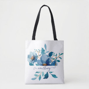 Tote Bag Fleur personnalisée aquarelle bleu vif