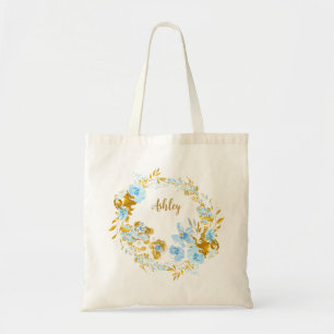 Tote Bag Fleur personnalisée or et bleu aquarelle