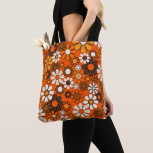 Tote Bag Fleur retro des années 70 Marron Orange Bohème