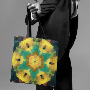 Tote Bag Fleur rétro Mandala jaune bleu et vert