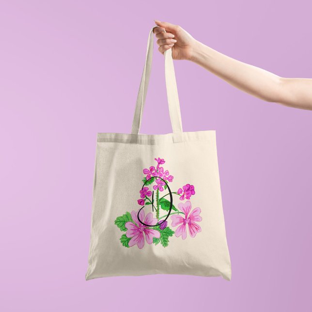 Tote Bag Fleur rose aquarelle avec votre 1 côté initial (Créateur téléchargé)