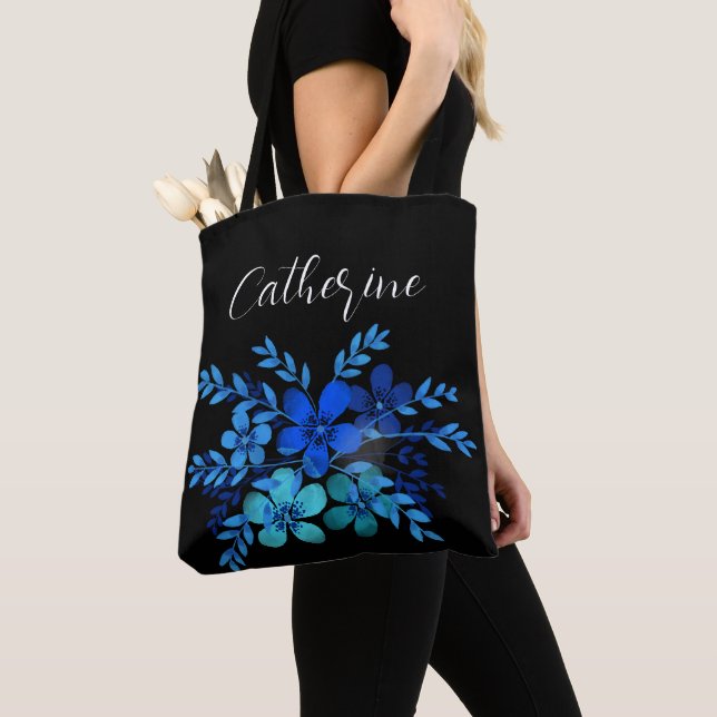 Tote Bag Fleur sauvage bleu Boho Script Nom personnalisé (De près)