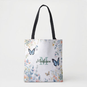 Tote Bag fleur sauvage verte élégante Boho Monogramme en fl
