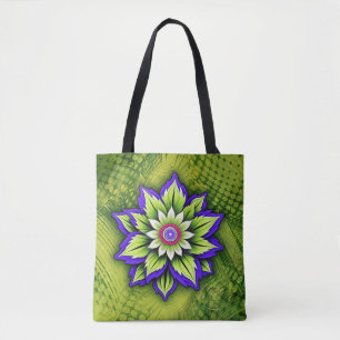Tote Bag Fleur stylisée sur motif vert tourbillonnant
