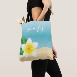 Tote Bag Fleur Tropicale Frangipani Blanc Avec Nom Personna