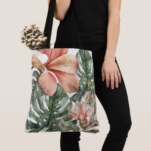 Tote Bag Fleur tropicale jungle aquarelle vert pêche or écl