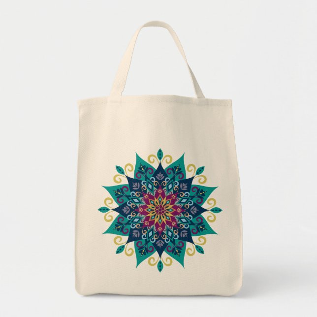 Tote Bag Fleur-Turquoise de mandala et bleu d'indigo (Devant)