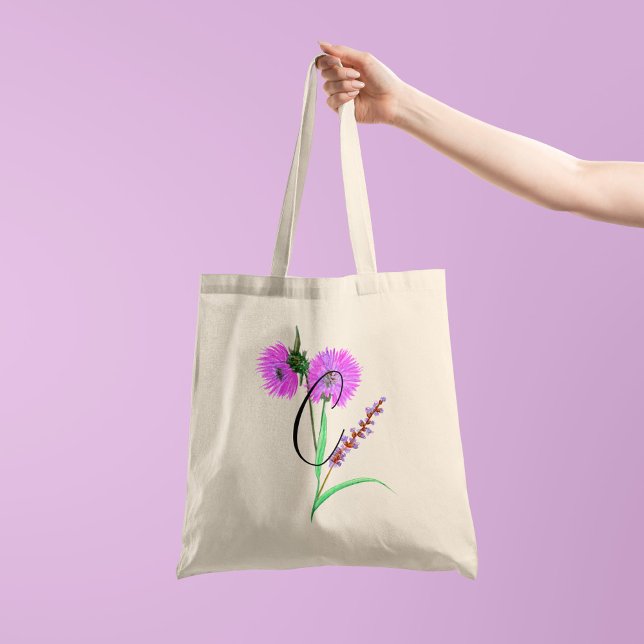 Tote Bag Fleur violette aquarelle avec votre initiale d'un  (Créateur téléchargé)