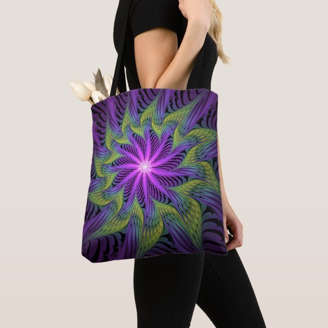 Tote Bag Fleuron vert violet Art Abstrait fractal moderne (De près)