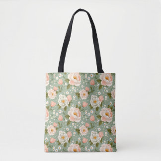 Tote Bag Fleurs à l'aquarelle pêche et vert