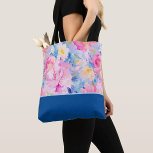Tote Bag Fleurs aquarelles abstraites roses et bleues Bloc