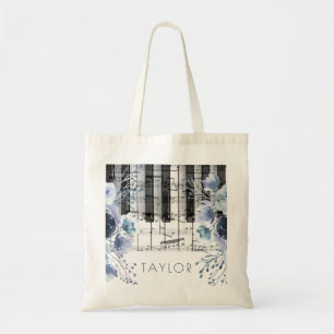 Tote Bag fleurs aquarelles bleu poussiéreux piano