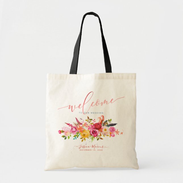 Tote Bag Fleurs aquarelles boho rose Bienvenue (Devant)