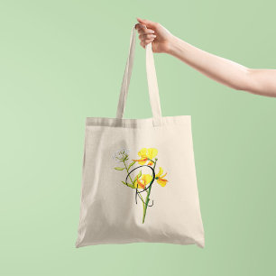 Tote Bag Fleurs aquarelles jaunes avec votre initiale d'un