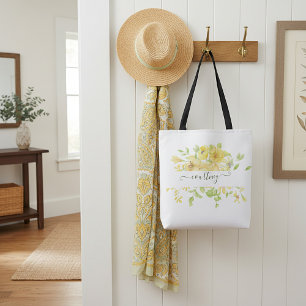Tote Bag Fleurs aquarelles jaunes personnalisées  