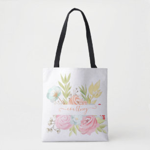 Tote Bag Fleurs aquarelles personnalisées orange et rose