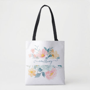 Tote Bag Fleurs aquarelles rose et orange personnalisées  