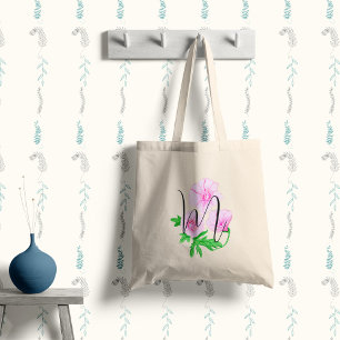 Tote Bag Fleurs aquarelles roses avec votre initiale