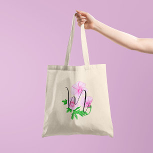 Tote Bag Fleurs aquarelles roses avec votre initiale sur un