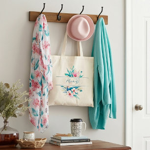 Tote Bag Fleurs aquarelles roses et bleues personnalisées