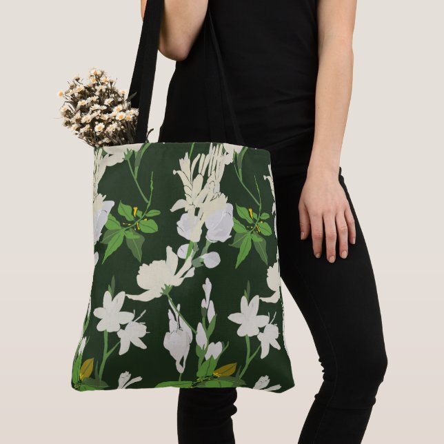 Tote Bag Fleurs blanches 1 vert foncé (De près)