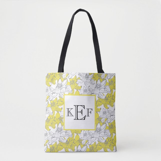Tote Bag Fleurs blanches jaunes et grises avec monogramme   (Devant)