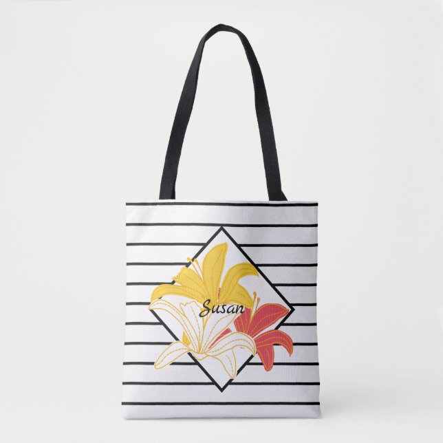 Tote Bag Fleurs blanches jaunes oranges Blancs noirs (Devant)
