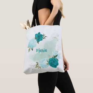 Tote Bag fleurs bleu clair turquoise