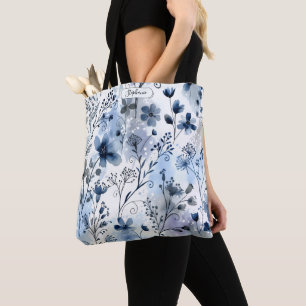 Tote Bag Fleurs bleues aquarelles aériennes personnalisées 