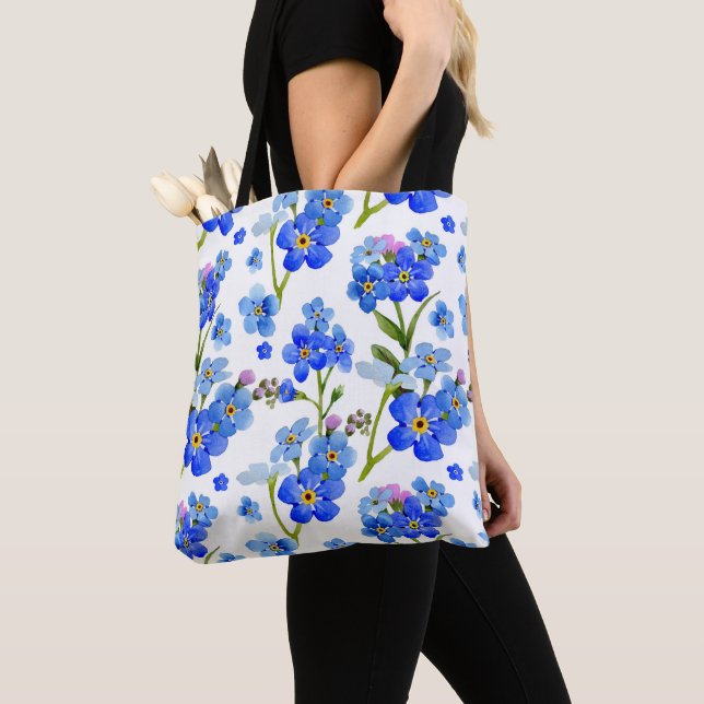Tote Bag Fleurs bleues de myosotis d'aquarelle (De près)