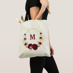 Tote Bag fleurs bordeaux or marbre feuille