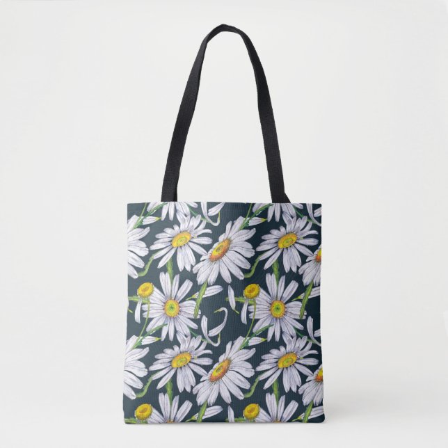 Tote Bag Fleurs chamomiles : Aquarelle bleu foncé. (Devant)