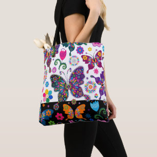 Tote Bag Fleurs colorées et papillons motif