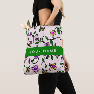 Tote Bag Fleurs Colorées, Fond Rose, Vert