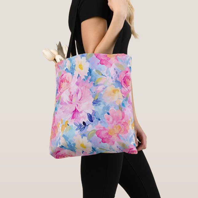 Tote Bag Fleurs d'aquarelle Abstraite rose et bleu (De près)