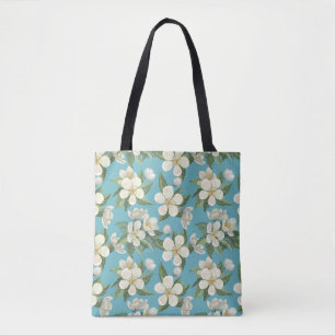 Tote Bag Fleurs d'aquarelle blanche Feuilles verts