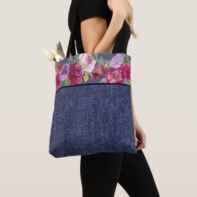 Tote Bag Fleurs d'aquarelle bourguignonne et denim (De près)