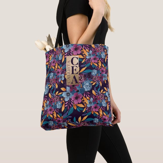 Tote Bag Fleurs d'aquarelle de la moutarde de la marine de  (De près)