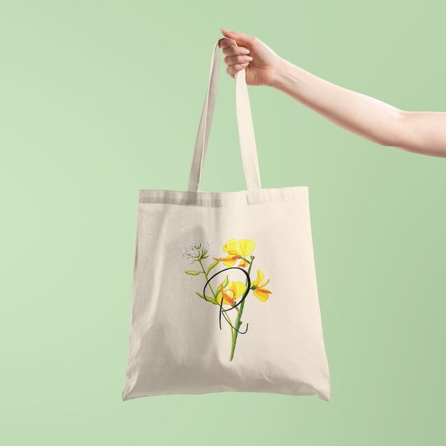 Tote Bag Fleurs d'aquarelle jaune avec votre 1 côté initial (Créateur téléchargé)