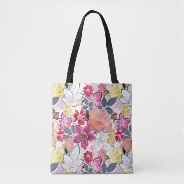 Tote Bag Fleurs d'aquarelle rose et rouge. (Devant)