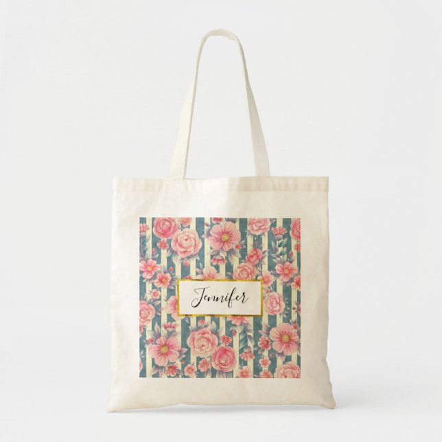 Tote Bag Fleurs d'aquarelle rose sur bandes (Devant)