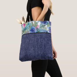 Tote Bag Fleurs d'aquarelles roses et bleues et denim