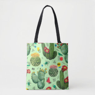 Tote Bag Fleurs de cactus : Aquarelle Arrière - plan géomét